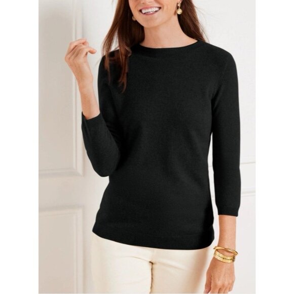 Talbots Cashmere Sweater M Medium Black Classic Crew Neck 3/4 Long Sleeve - Picture 1 of 9